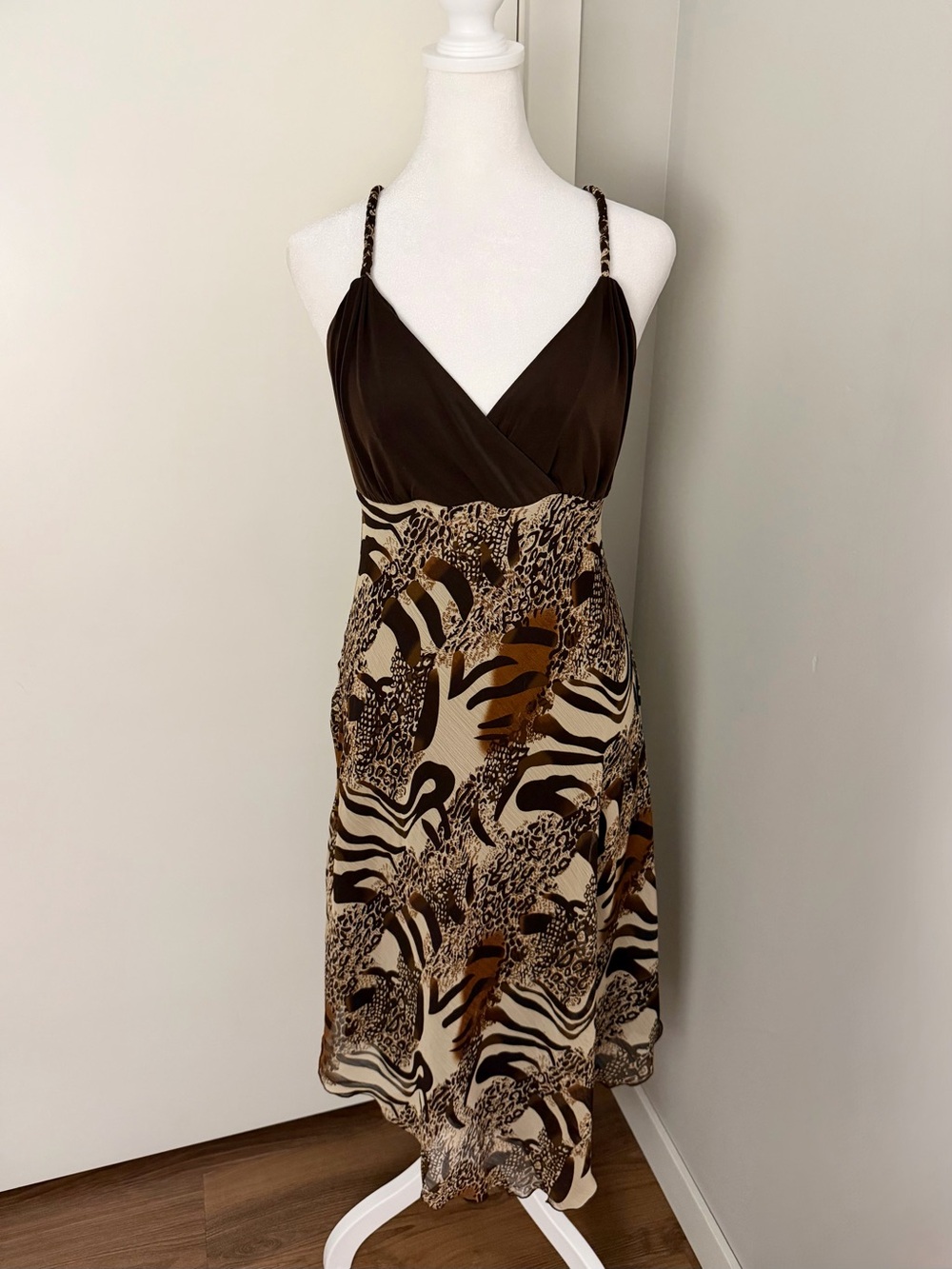 Vintage Scarlett Animal Print Brown Midi Dress Flowy Skirt Wrap Bodice